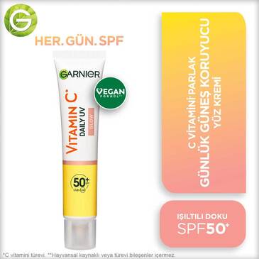 Garnier C Vitamini Parlak Günlük Güneş Koruyucu Fluid Yüz Kremi Işıltılı Doku SPF50+ 40ml